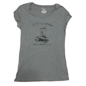 Just a Woman Who Loves Her Chick-Fil-A Graphic Tee; Grey & Black Juniors L